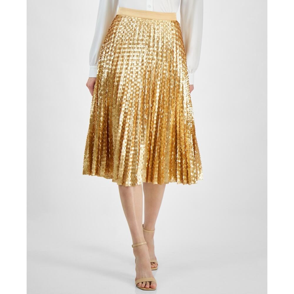 T Tahari Women's Sequined Pleated Midi Skirt Gold Size 6 1507